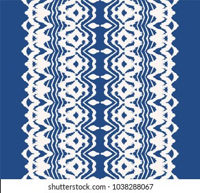 Tie dye lace art brush. Seamless border. Vector Ethnic necklace. Ikat pattern. Shibori print with stripes and chevron. Ink textured japanese background. Bohemian fashion. Endless watercolor texture. 