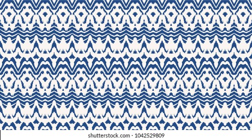 Tie dye lace art brush. Seamless border. Vector Ethnic necklace. Ikat pattern. Shibori print with stripes and chevron. Ink textured japanese background. Bohemian fashion. Endless watercolor texture. 