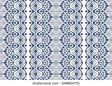 Tie dye lace art brush. Seamless border. Vector Ethnic necklace. Ikat pattern. Shibori print with stripes and chevron. Ink textured japanese background. Bohemian fashion. Endless watercolor texture. 