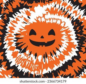 Tie dye orange spiral circle seamless pattern with jack o lantern face. Halloween vector illustration.