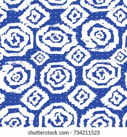 Tie dye pattern. Japanese print. Batik texture vector seamless motif. Indonesian design. Organic clothing. Shibori swimwear background. Old bed linen. China cotton rapport. Silk geometric painting.