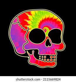 Calavera surrealista psicodélica del tinte de los dedos. Logo de la ilustración del personaje de la caricatura del vector tiedye. Mezcla del tinte de la corbata, ácido, tecno, impresión trippy para camiseta, afiche, concepto de tarjeta