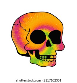 Calavera surrealista psicodélica del tinte de los dedos. Logo de la ilustración del personaje de la caricatura del vector tiedye. Mezcla del tinte de la corbata, ácido, tecno, impresión trippy para camiseta, afiche, concepto de tarjeta