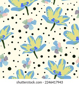 corbata y tinte, flores de color arcoiris con puntos de polka patrón vectorial sin fisuras. Puntos de polka abstractos con flores azules patrón vectorial sin fisuras. Idóneo o textil, tela, azulejos, decoración.