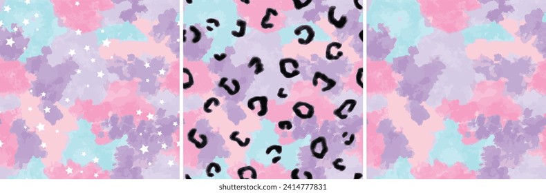 Tie dye seamless vector pattern. watercolour Hand painted on white background. animal skin and stars. leopard print. Abstract texture. Pink and purple. fabric, wrapping paper. Pastel pretty colours