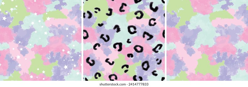 Tie dye seamless vector pattern. watercolour Hand painted on white background. animal skin and stars. leopard print. Abstract texture. Pink and purple. fabric, wrapping paper. Pastel pretty colours