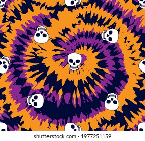 Tie dye spiral circle seamless pattern with skull.