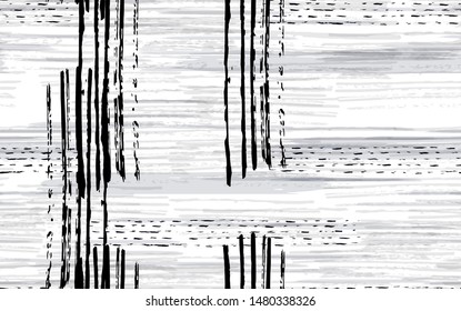 Tie dye stripe black and white brush vector seamless pattern texture grunge. Line ink abstract paint print on white textile background.