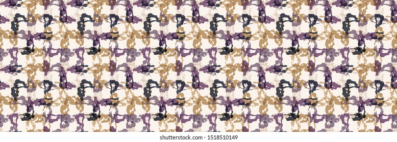Tie dye stripe woven grid variegated border background. Seamless pattern dyed broken line weave. Boho gradient textile blend ribbon trim. Trendy batik wax resist ethnic fashion edging. Gold Purple