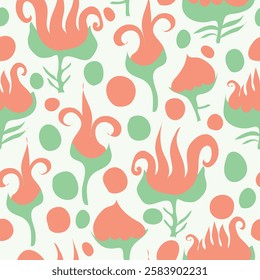 tie and dye two colored leaves and petals, buds spiral seamless pattern. It is suitable for textile, fabric, wrapping, clothing, decorations and more. Colorful flowers with polka dots repeat pattern.