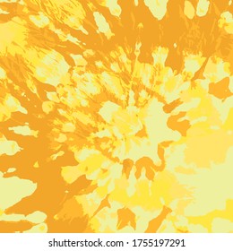 Tie Dye Vector. Bohemian Spiral. Yellow Flower. Psychedelic Dip Dyed Pattern. Amber Background. Watercolor Effect. Tie Dye Twist. Flower Ornament. 