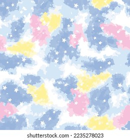 tie dye watercolour batik pastel seamless vector print with stars pretty girly art for summer spring teens girls baby and ladies blue and pink