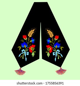 Tie for folk holiday costume, cornflower, poppy, wheat, wildflowers, bouquet, hand-drawn for embroidery, postcard for printing, invitation