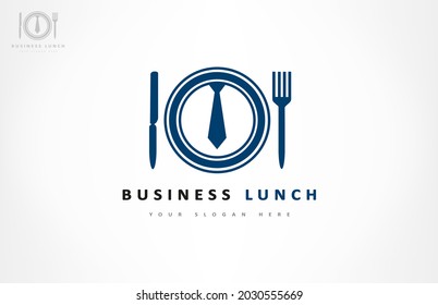 Tie, fork, knife and plate of logo. Business lunch design.