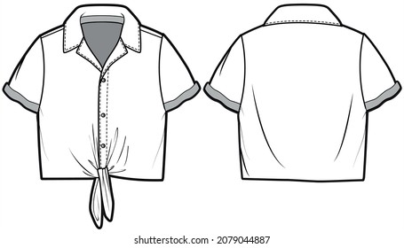 Tie Front Short Sleeve Crop Blouse With Collar, Notched Collar Crop Top With Tie . Front and Back View. Fashion Illustration, Vector, CAD, Technical Drawing, Flat Drawing.