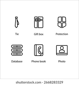 Gravata, Caixa de presente, Proteção, Banco de dados, Catálogo telefônico, Foto, Ícone, Conjunto de ícones de linha