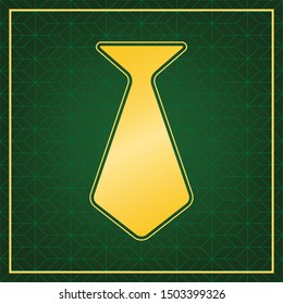 Tie glyph sign. Golden icon with gold contour at dark green gridded white background. Illustration.