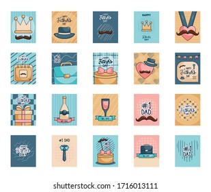 tie and Happy fathers day cards icon set over white background, colorful design, vector illustration