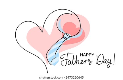 Tie in heart Happy Fathers Day. Continuous One line drawing. Concept Fathers Day card. Vector illustration
