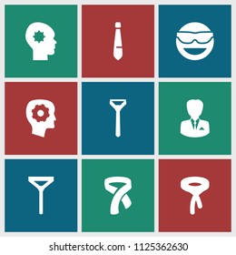 Tie icon. collection of 9 tie filled icons such as gear in head, emot in sun glasses. editable tie icons for web and mobile.