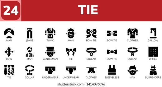 tie icon set. 24 filled tie icons.  Simple modern icons about  - Man, Jeans, Tunic, Bow tie, Clothes, Gallow, Bow, Gentleman, Collar, Office, Underwear, Sleeveless, Suspenders