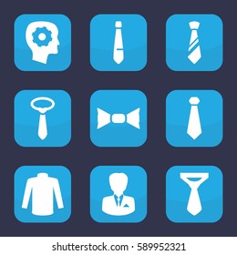 tie icon. Set of 9 tie filled icons such as sweater, gear in head