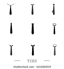 Tie Icon set black flat Vector Illustration On white Background Eps 10. Ties Icon set in trendy style isolated. 
Necktie symbol for your web site design, logo, app, UI. Vector illustration, EPS 10.