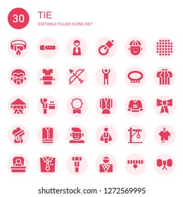 tie icon set. Collection of 30 filled tie icons included Collar, Businessman, Gallows, Man, Clothes, Bow, Tuxedo, Father, Cloth, Bow tie, Boss, Tie