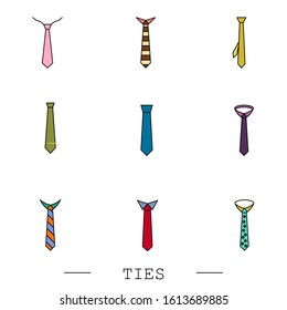 Tie Icon set color Vector Illustration On white Background Eps 10. Ties Icon set in trendy color style isolated. 
Necktie symbol for your web site design, logo, app, UI. Vector illustration, EPS 10.