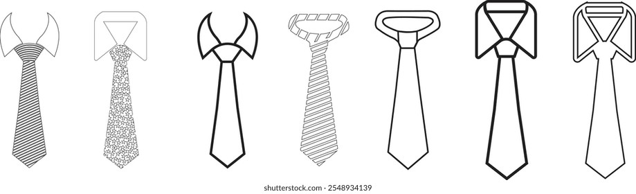 Tie icon set. professional necktie line symbol. businessman suit neck tie vector collection isolated on transparent background. Men and women fashion wear symbol of tie in modern style.