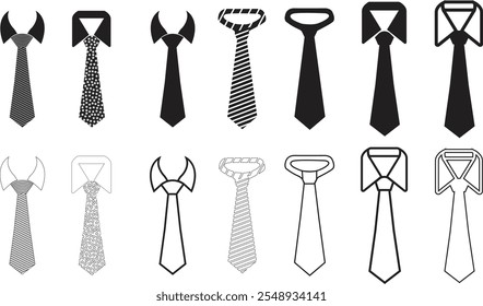 Tie icon set. professional necktie line and flat symbol. businessman suit neck tie vector collection isolated on transparent background. Men and women fashion wear symbol of tie in modern style.