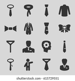 Tie icons set. set of 16 tie filled icons such as sweater, businessman, gear in head, bow