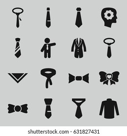 Tie icons set. set of 16 tie filled icons such as sweater, cravat, businessman, gear in head, bow