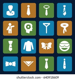 Tie icons set. set of 16 tie filled icons such as sweater, cravat, businessman, gear in head, emot in sun glasses
