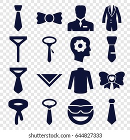 Tie icons set. set of 16 tie filled icons such as sweater, cravat, gear in head, emot in sun glasses, businessman, bow