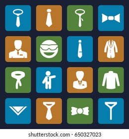Tie icons set. set of 16 tie filled icons such as sweater, cravat, businessman, emot in sun glasses