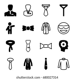 Tie icons set. set of 16 tie filled and outline icons such as businessman, gear in head, jacket, sweater