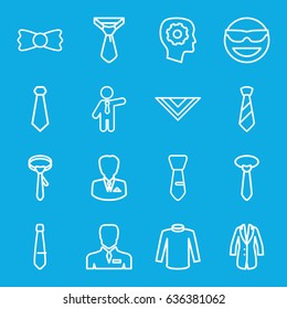 Tie icons set. set of 16 tie outline icons such as sweater, cravat, businessman, gear in head, jacket