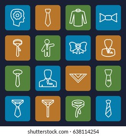 Tie icons set. set of 16 tie outline icons such as sweater, cravat, businessman, gear in head