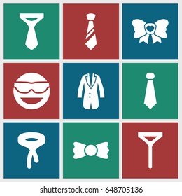 Tie icons set. set of 9 tie filled icons such as emot in sun glasses, bow