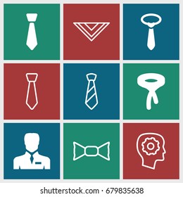 Tie icons set. set of 9 tie filled and outline icons such as businessman, cravat