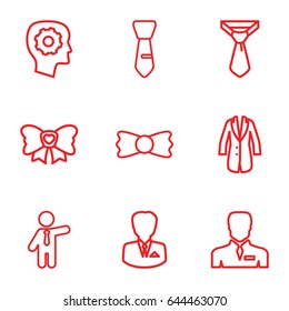 Tie icons set. set of 9 tie outline icons such as businessman, gear in head, bow
