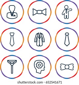 Tie icons set. set of 9 tie outline icons such as businessman, gear in head