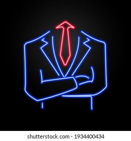 Tie and jacket neon sign, modern glowing banner design, colorful modern design trend on black background. Vector illustration.