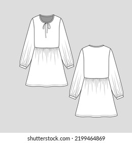 Tie knot neck Gathering dress crew neck tie up Waist Long gathering sleeve Dresses Fashion design template cad flat sketch drawing