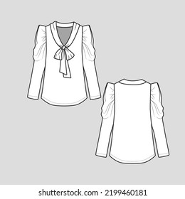 Tie Knot Neck Puff Sleeve Top Knotted Neck Tie Up Long Gathering Puff Sleeve Blouse Fashion Flat Sketch Template Drawing Design