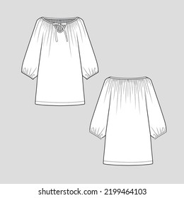 Tie Knot neck top Gathering boat neck Kimono Gathering hem sleeve  blouse Fashion flat sketch cad template drawing design