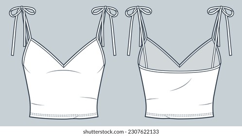 Ilustración de la moda técnica del Top Knot de Tie. Moda técnica de dibujo del tanque recortado de Jersey Top de moda plana, ajuste delgado, vista frontal y trasera, blanco, maquillaje CAD femenino.