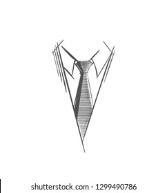 Tie Logo. Gray Strokes and lines Necktie Icon. Part of men's clothing in business style. Sketch symbol in a simple style for illustrations, web, business cards, invitations, app. Isolated Vector