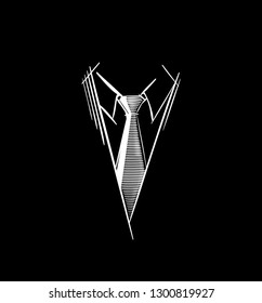 Tie Logo. Lines Necktie Icon. Part of men's clothing in business style. Sketch symbol in a simple style for illustration, business card, invitations, app.  White Strokes on a black background. Vector